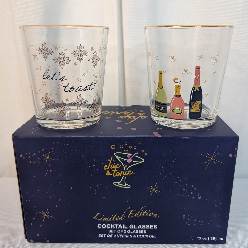 Chic & Tonic Limited Edition Gold Rimmed Cocktail Glasses Let's Toast Set New - Picture 6 of 10
